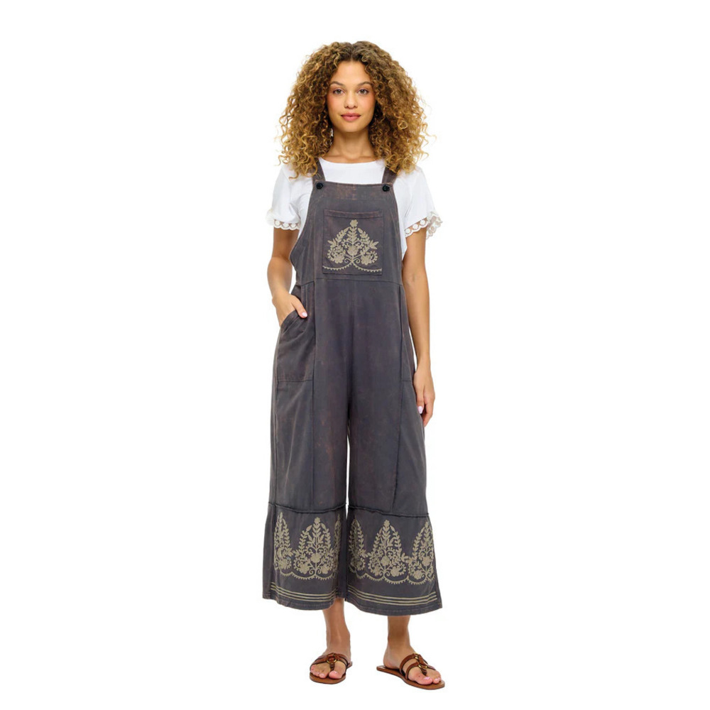 ✨️Yak & Yeti Embroidered Wide-Leg Overall Jumpsuit, Charcoal Distress Wash. L/XL